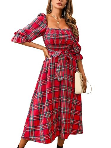 CUPSHE Women's Maxi Dresses Square Neck Plaid Smocked Belted Ruffled Casual Half Trumpet Sleeve A Line Long Party Dress Red Plaid, L | Amazon (US)