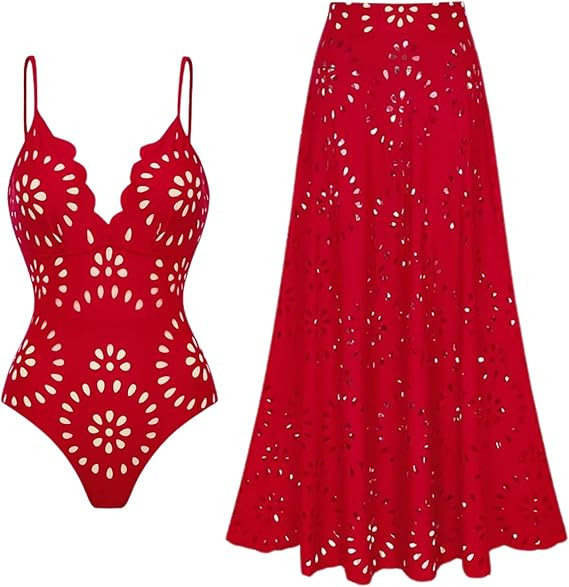 FLAXMAKER Women One Piece Swimsuit Petal Hollow V Neck Swimsuit and Skirt | Amazon (DE)