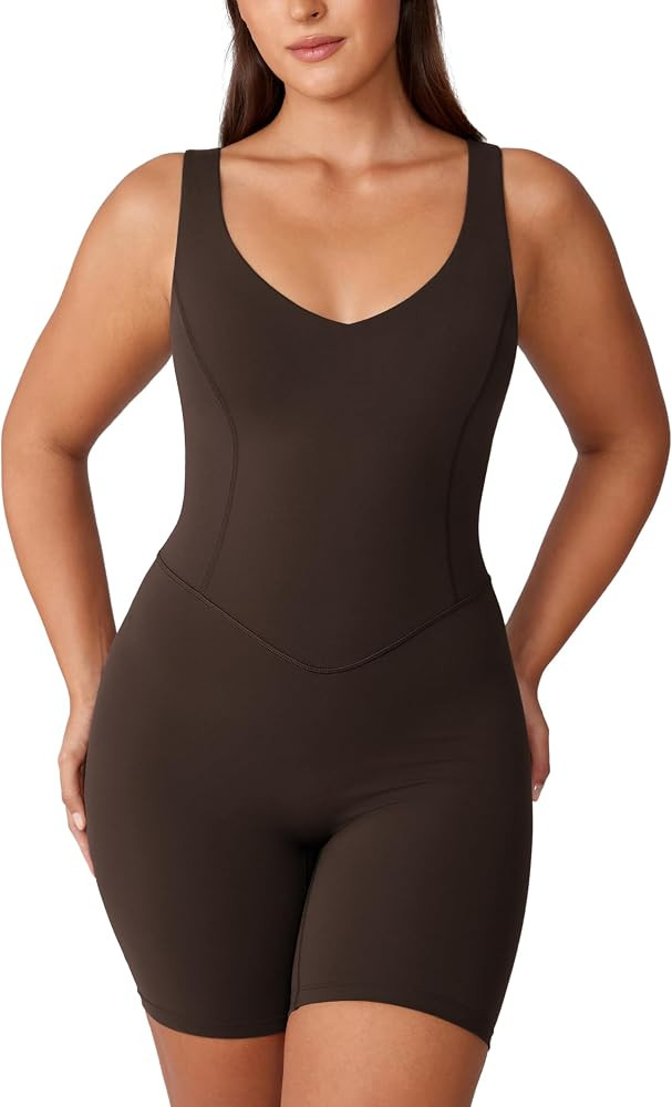 Hugcurve V Neck Jumpsuits for Women Workout One Piece Athletic Rompers with Built in Bra Sleevele... | Amazon (US)