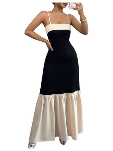 SOLY HUX Women's Color Block Ruffle Hem Maxi Dress Spaghetti Strap Elegant Long Cami Dresses Black and Beige Medium | Amazon (US)