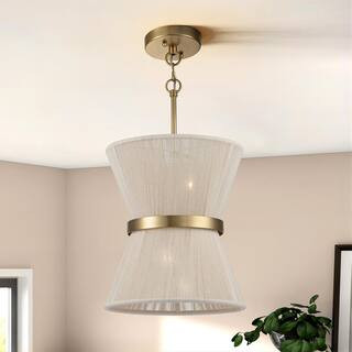 Tabor 2-Light Modern Boho Brass Natural Ivory Hand-woven Rope Drum Chandelier Fabric Hourglass Ta... | The Home Depot
