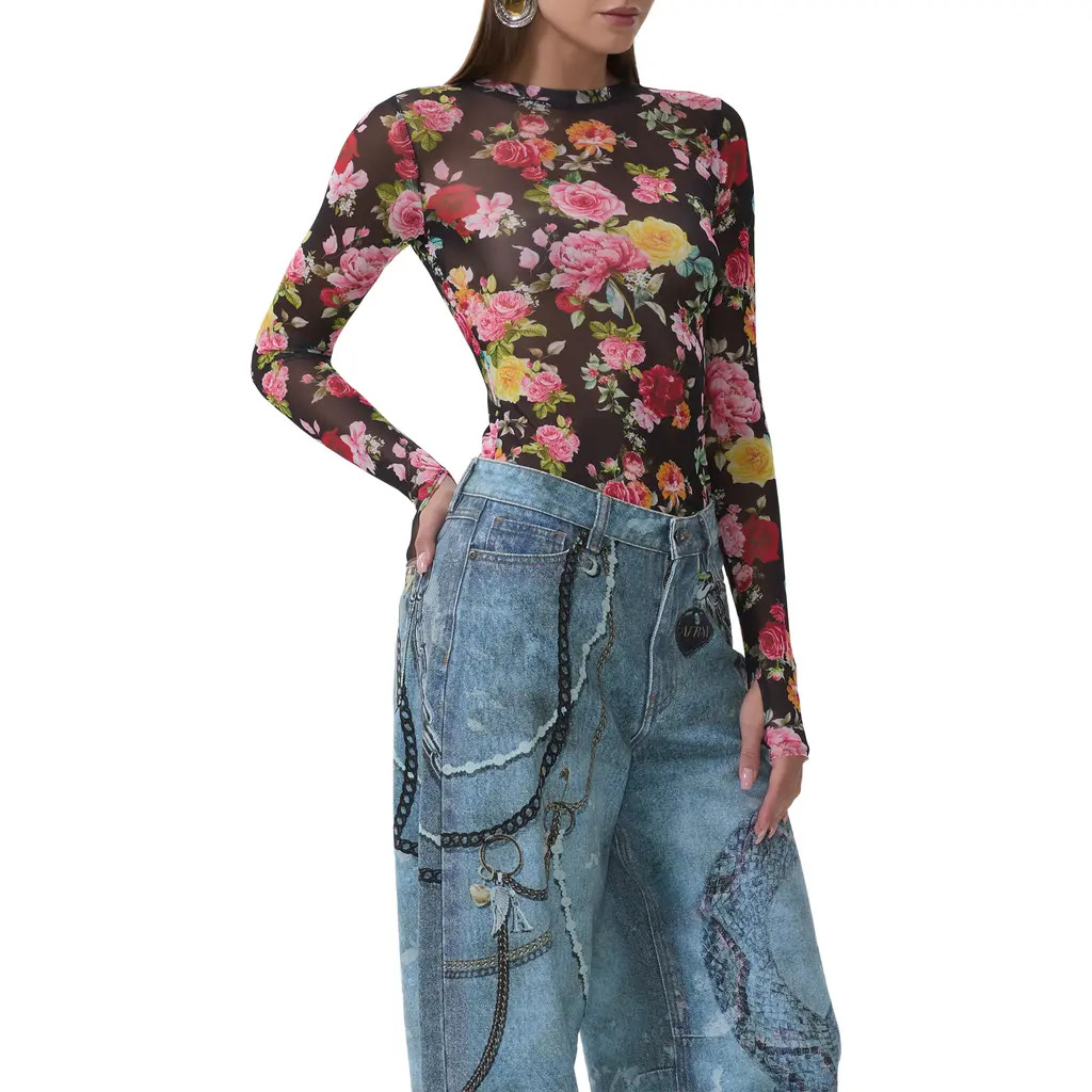 AFRM Kaylee Floral Mesh Top in Spring Rose at Nordstrom, Size Medium | Nordstrom