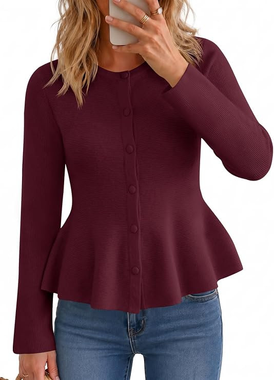 Saodimallsu Womens Peplum Tops Ruffle Cropped Cardigan Trendy Knit Sweater | Long Sleeve,Button U... | Amazon (US)
