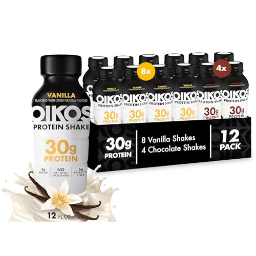 Oikos Protein Shake, Exclusive Variety Pack, 30g High Protein Drinks, Shelf Stable, Ready to Drink, 5g Prebiotic Fiber, 12 fl oz Bottle (8 ct Vanilla, 4 ct Chocolate | Amazon (US)