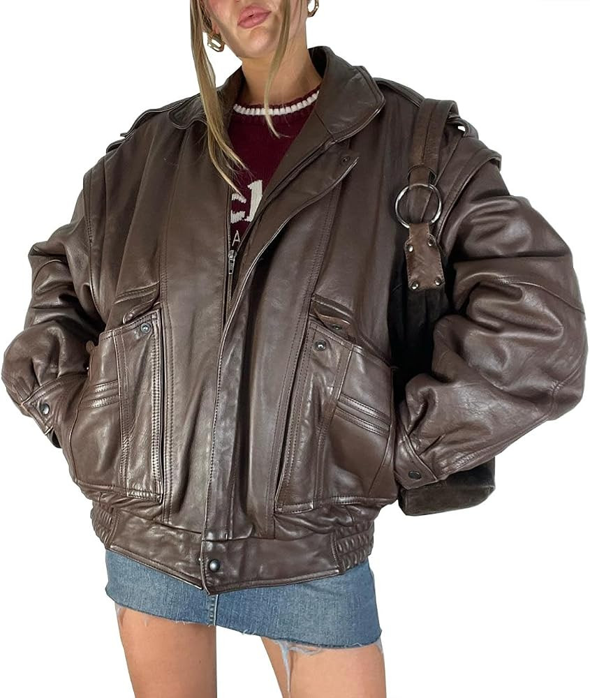Women\u2019s Vintage 90S Genuine Leather Oversize Retro style Bomber Jacket | Amazon (US)