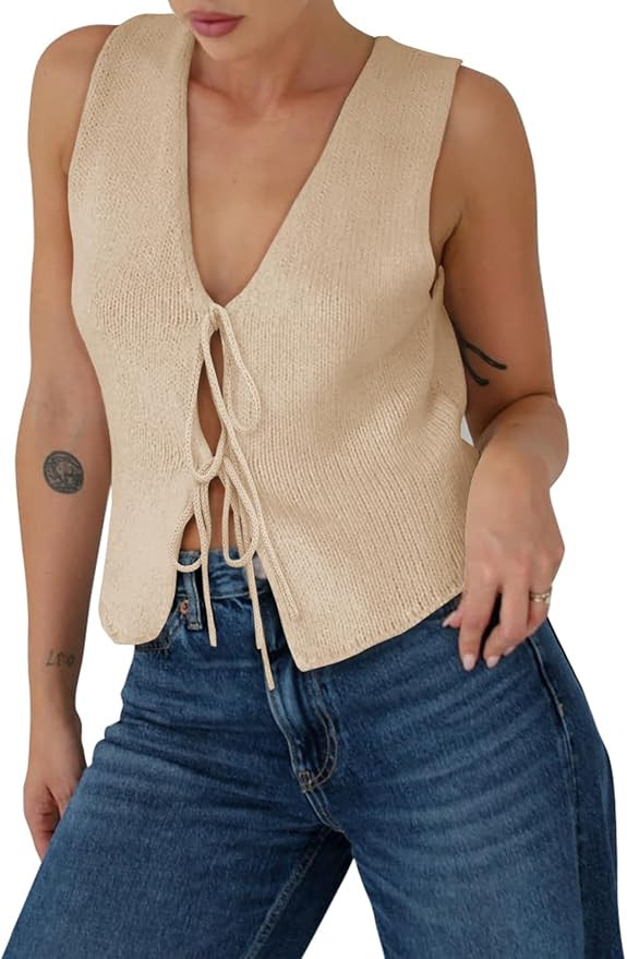 Yousify Womens Sweater Vests Tie Front Knit Vest Summer Ribbed Tank Tops Y2k Cute Vests Fashion C... | Amazon (US)