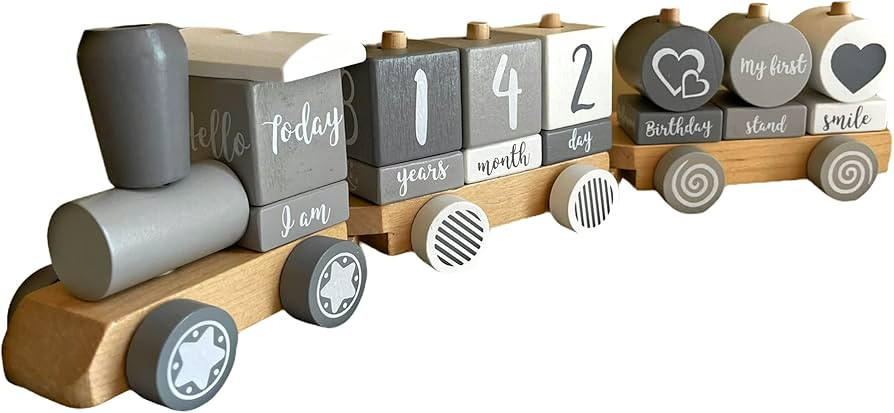 Baby Monthly Milestone Blocks - Wooden Train - 3 Cabins and 17 Removable Blocks - Nursery Decor -... | Amazon (US)