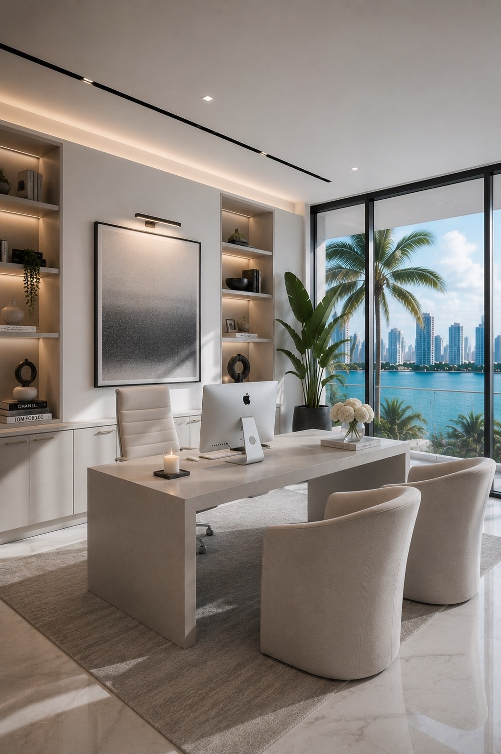 A sophisticated modern home office featuring a sculptural white desk, curved upholstered chairs, warm built-in shelving, soft ambient lighting, and floor-to-ceiling windows with stunning Miami waterfront views. Neutral tones and clean architectural lines create an elegant, productive workspace with a luxurious resort-inspired feel.

#homeoffice #homeofficedesign #luxuryoffice #modernoffice #miamidesign #officeinspiration #officeideas #luxuryinteriors #moderninteriors #neutralhome #interiordesign #homedecor #designerhome #workspaceinspiration #desksetup #ltkhome #amazonhome #modernluxury #homeinspiration #miamihome