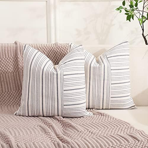Hckot Grey and Beige Patchwork Farmhouse Throw Pillow Covers 18 x 18 Inch, Pack of 2 Striped Li... | Amazon (US)