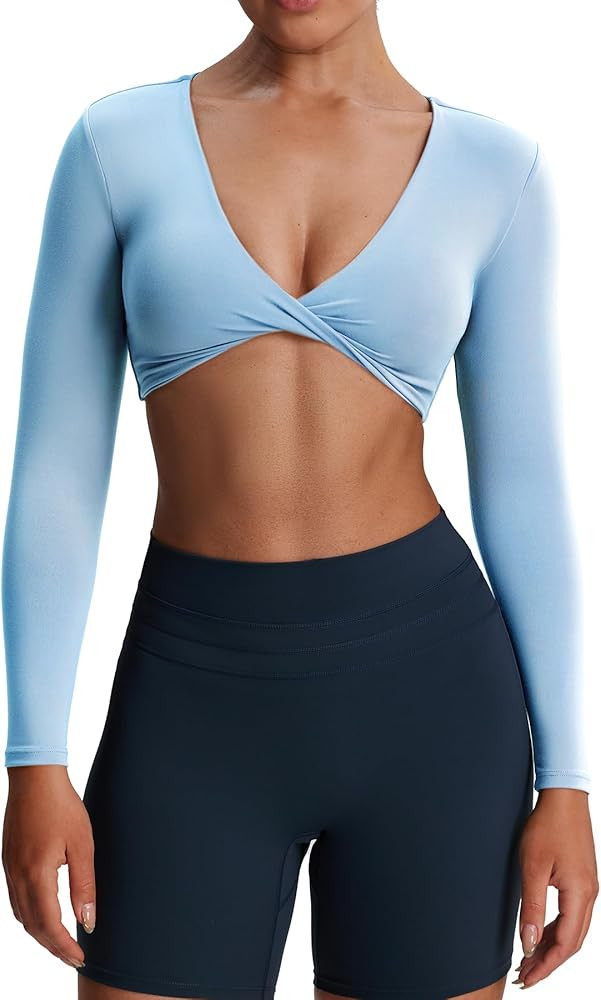 Aoxjox Long Sleeve Crop Tops for Women Sienna Twist Deep V Workout Cropped T Shirt Top | Amazon (US)