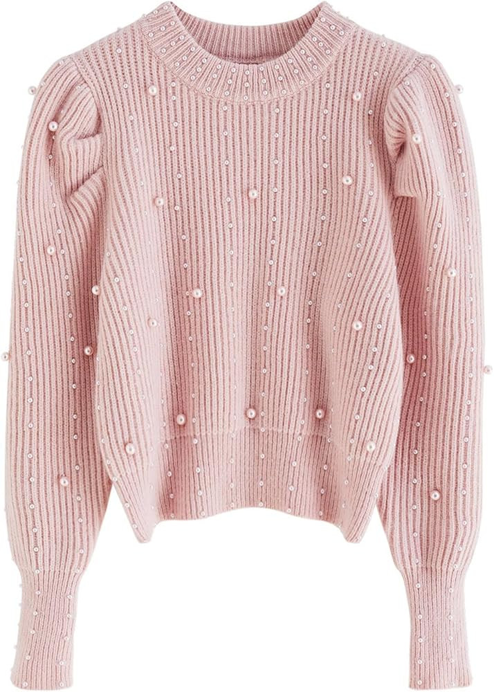 CHICWISH Women Crewneck Sweater Pearl Embellished Long Sleeve Cropped Casual Sweater Pullover Top... | Amazon (US)