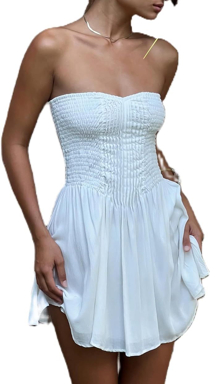 Women Y2k Off Shoulder Tube Dress Floral Printed Lace Bodycon Mini Dress Low Cut Mini Backless Dr... | Amazon (US)