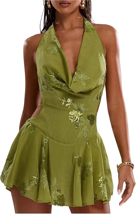 SweatyRocks Women's Open Back Going Out Halter Sequin Mini Dress Cowl Neck Glitter Sparkly Beaded... | Amazon (US)