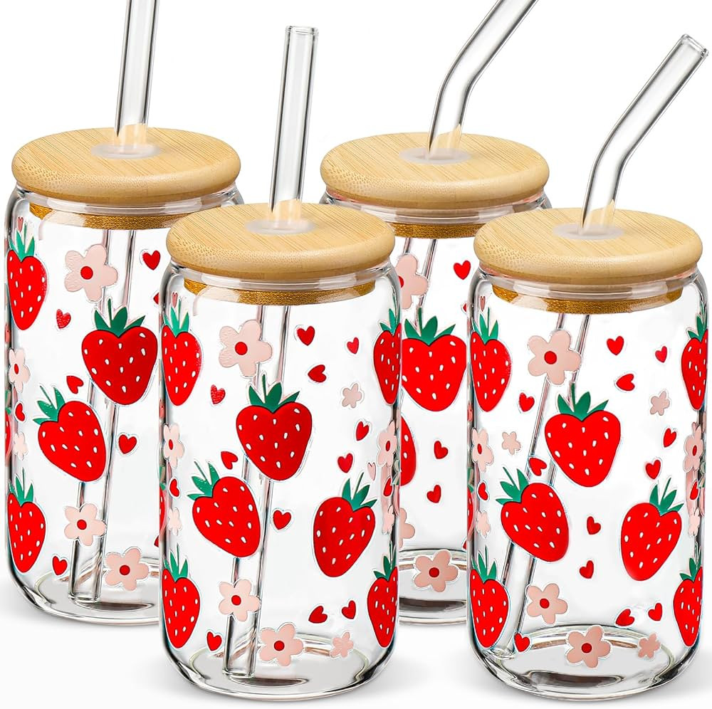 Glass Cups with Lids and Straws with Design Strawberry 4 pcs,Clear Glass Cups 16 oz-DWTS Drinking... | Amazon (US)