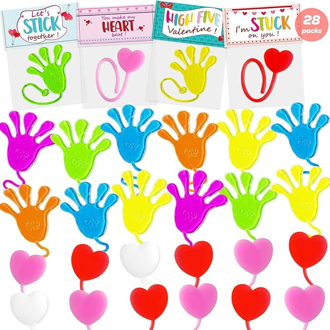 28Pack Valentines Day Gifts for Kids - Sticky Hands & Hearts with Valentines Cards for Kids Class... | Amazon (US)