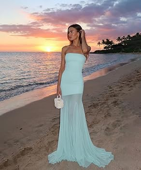 Women Strapless Tube Top Maxi Dress Mesh Off Shoulder Bodycon Long Formal Cocktail Wedding Guest ... | Amazon (US)