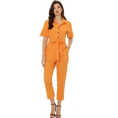 INSPIRE CHIC Women's Short Sleeve Collared Solid Color Button Down Tie Waist Cargo Jumpsuit Small Orange | Target