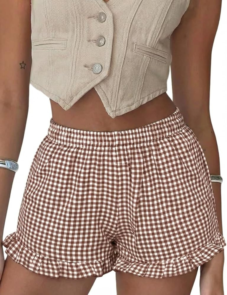 Aoulaydo Boxer Shorts for Women Pajama Gingham Shorts Casual Lounge Sleep Plaid Y2K Beach Bottoms... | Amazon (US)