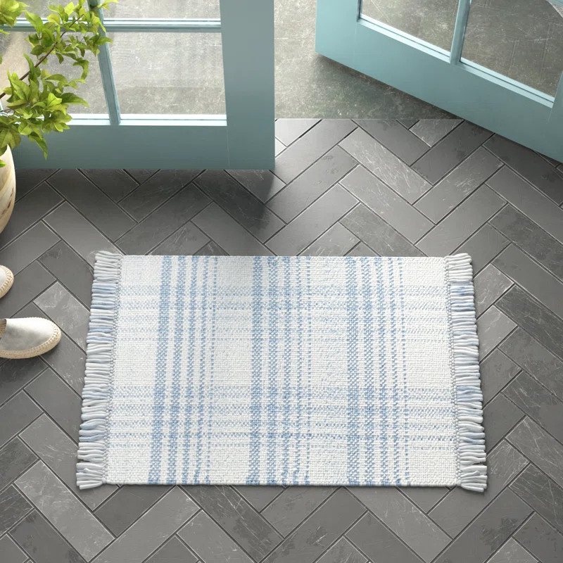 Cay Plaid Handmade Flatweave Recycled P.E.T. Area Rug in Blue/White | Birch Lane