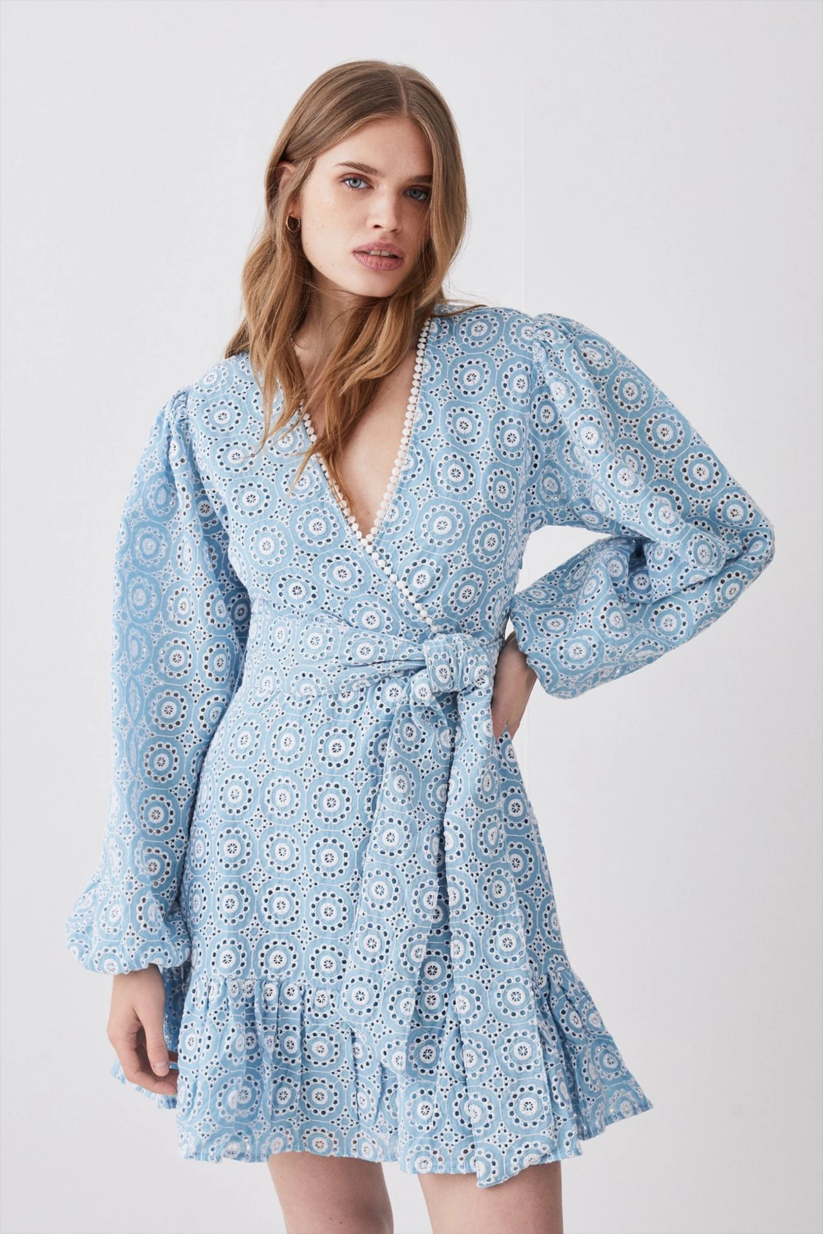 Eyelet Cotton Wrap Mini Dress | Karen Millen US