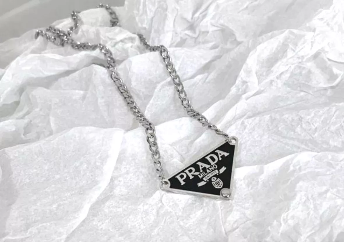 Used] PRADA Prada Triangle Logo Plate Loop Tie Necklace Leather