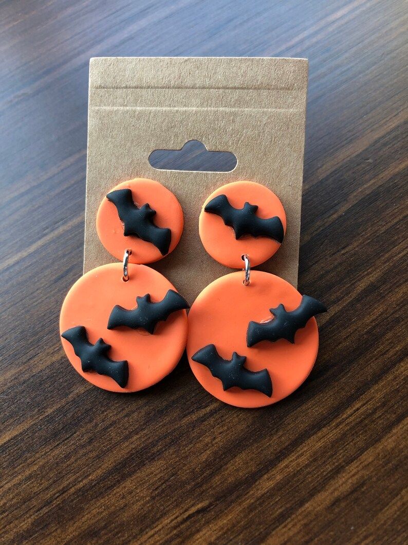 Handmade Polymer Clay Circle Dangle Earrings with Bats | Etsy (US)