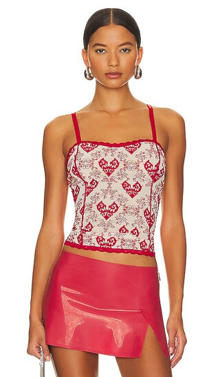 Scarlett Corset Top Flocked Mesh Corset Top in Red & Oyster | Revolve Clothing (Global)