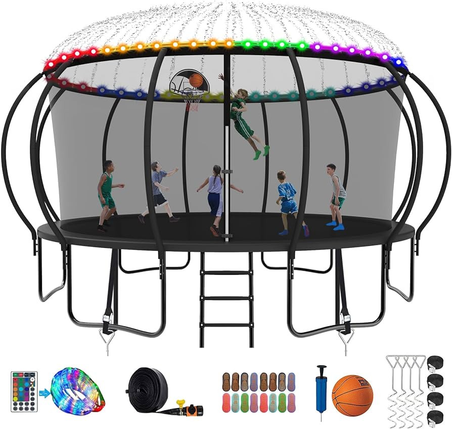 2025 Upgraded 8 10 12 14 15 16 FT 1500lbs Tranpoline for Kids and Adults with Light+Sprinkler+Soc... | Amazon (US)