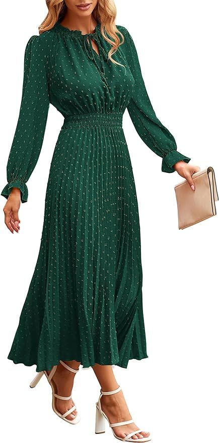 PRETTYGARDEN Women's 2023 Fall Midi Dress Casual Long Sleeve V Neck Swiss Dot Pleated A Line Flow... | Amazon (US)