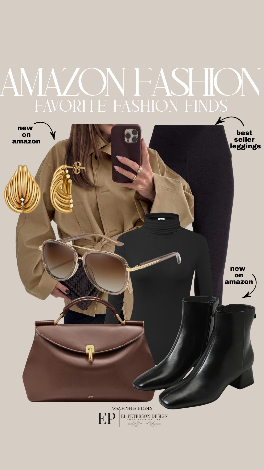 Amazon
Leggings
Jacket
Purse
Ankle boots
Leggings
Sunglasses 
Earrings