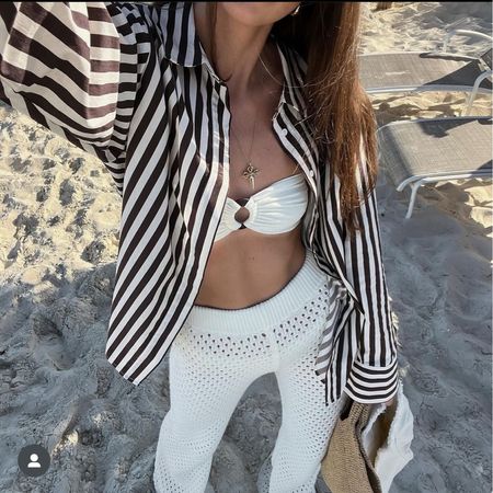 Strapless cream bikini, crochet trousers and striped beach shirt

#LTKswim #LTKtravel #LTKstyletip