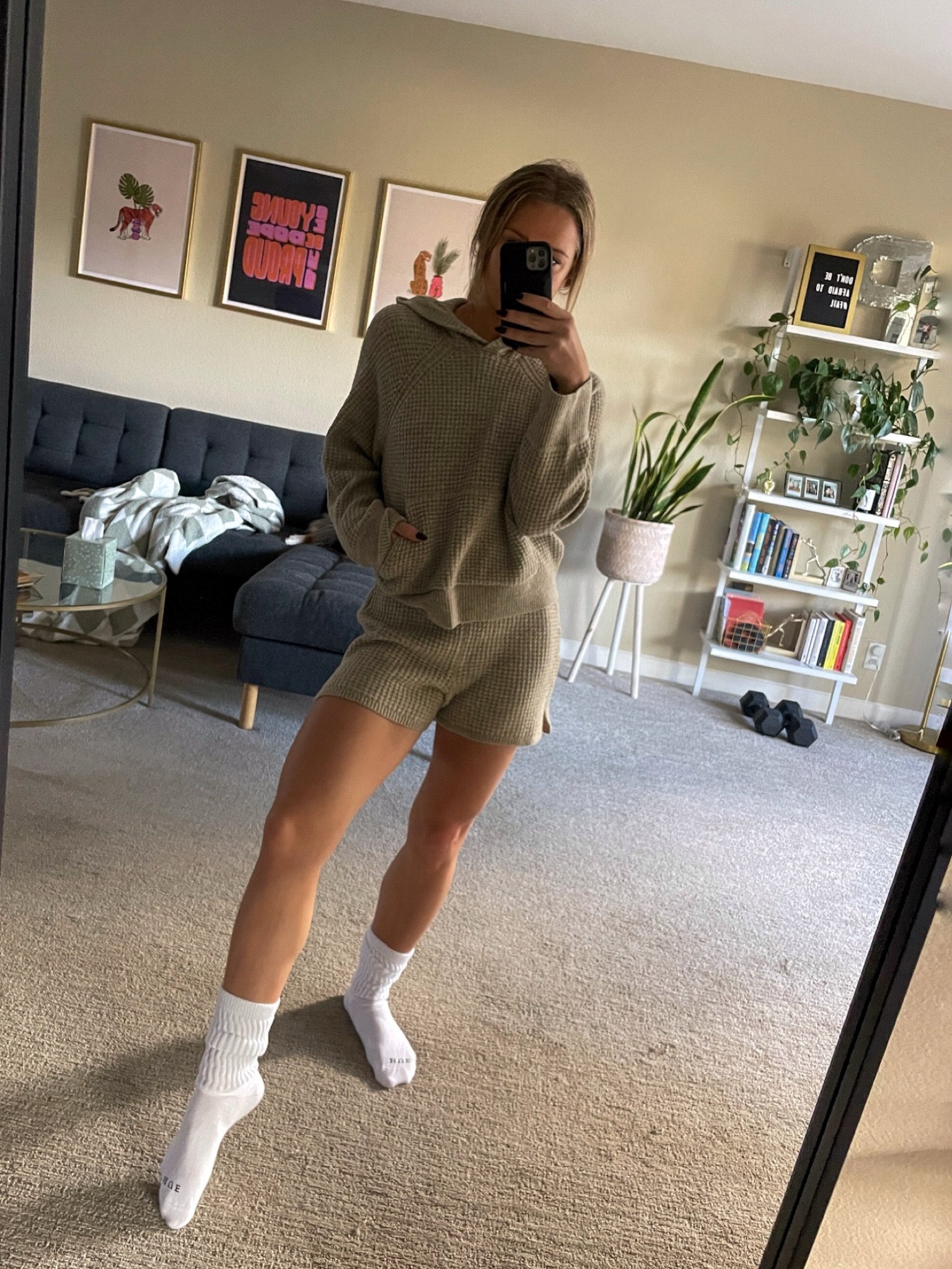 So cozy! Wearing size XS in both. 
