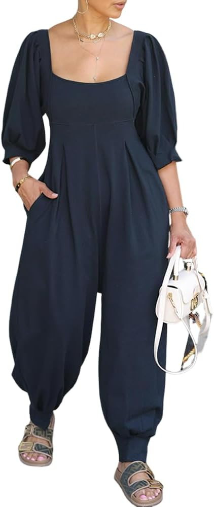 CHICME Square Neck Puff Sleeve Jumpsuit for Women 2025 Casual Romper with Loose Ruched Waist & Po... | Amazon (US)