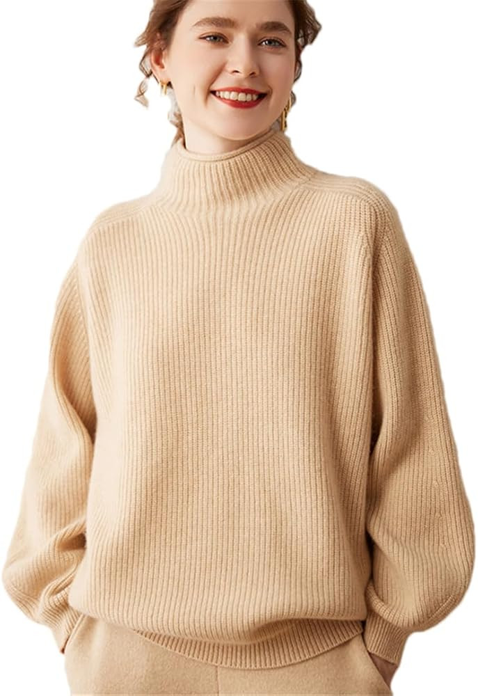 Women's Turtleneck Lantern Sleeve Loose Merino Wool Warm Soft Knitted Pullover Sweater | Amazon (US)