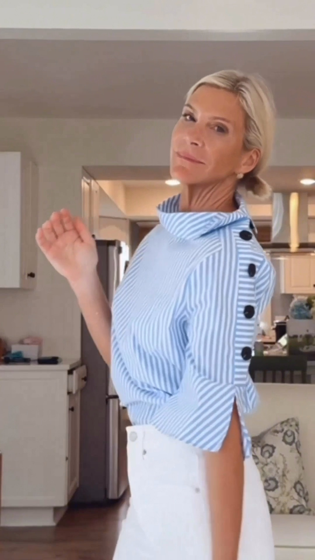 I love a blue-and-white stripe, and this top is such a fun twist on a classic! You can wear the collar standing up for a statement look or fold it down for something more relaxed. Either way, the beautiful button detail still shows, making it feel so elevated.

❤️ Heart = Support my posts 📌 Save = Get sale & restock alerts 🛍️ Follow me on LTK for more effortless everyday style.

#LTKootd #LTKOver40 #LTKSeasonal