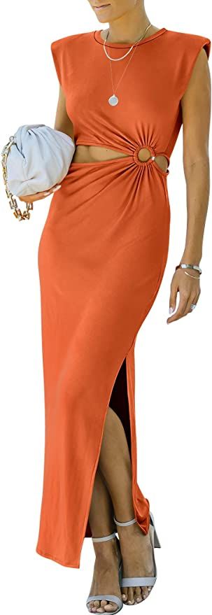 Prinbara Women's Cut Out Padded Shoulder Split Side Crewneck Maxi Bodycon Party Club Dress | Amazon (US)