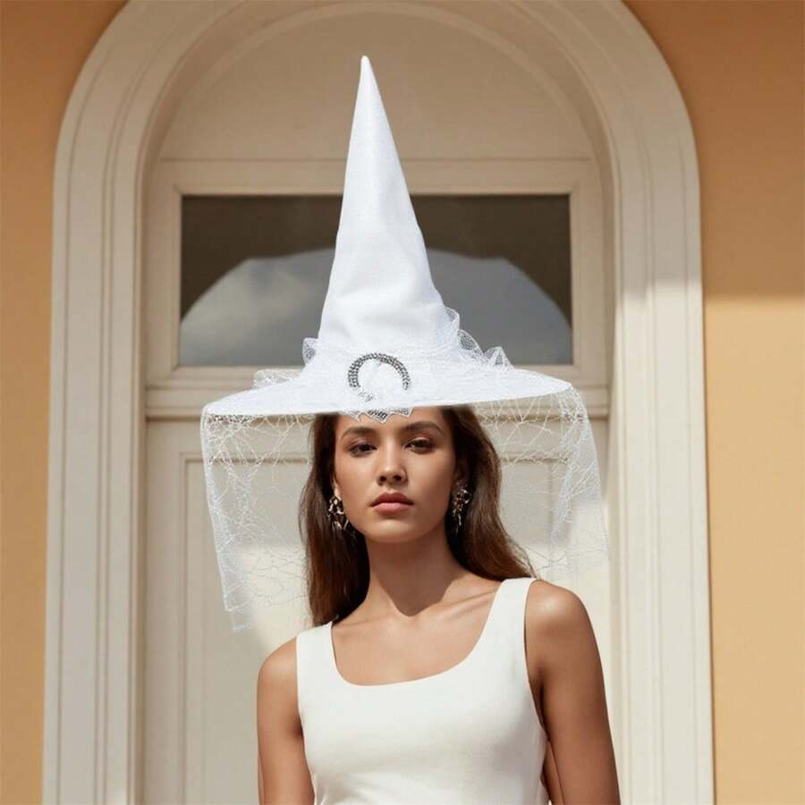 Women's Halloween Witch Hat White Magic Cap With Lace Veil Decor For Party Cosplay Costume Access... | SHEIN