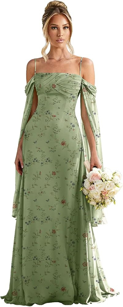 Vestidos de dama de honor con hombros descubiertos para mujer, vestido largo formal de gasa para ... | Amazon (US)