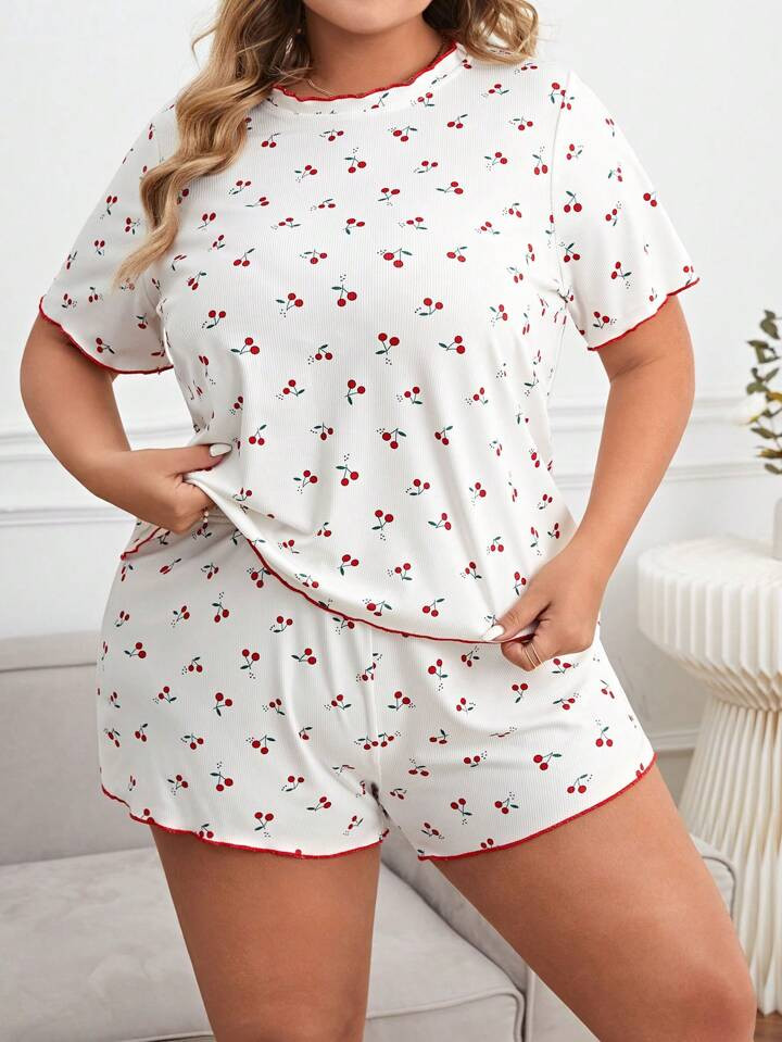 Plus Cherry Print Contrast Binding PJ Set | SHEIN