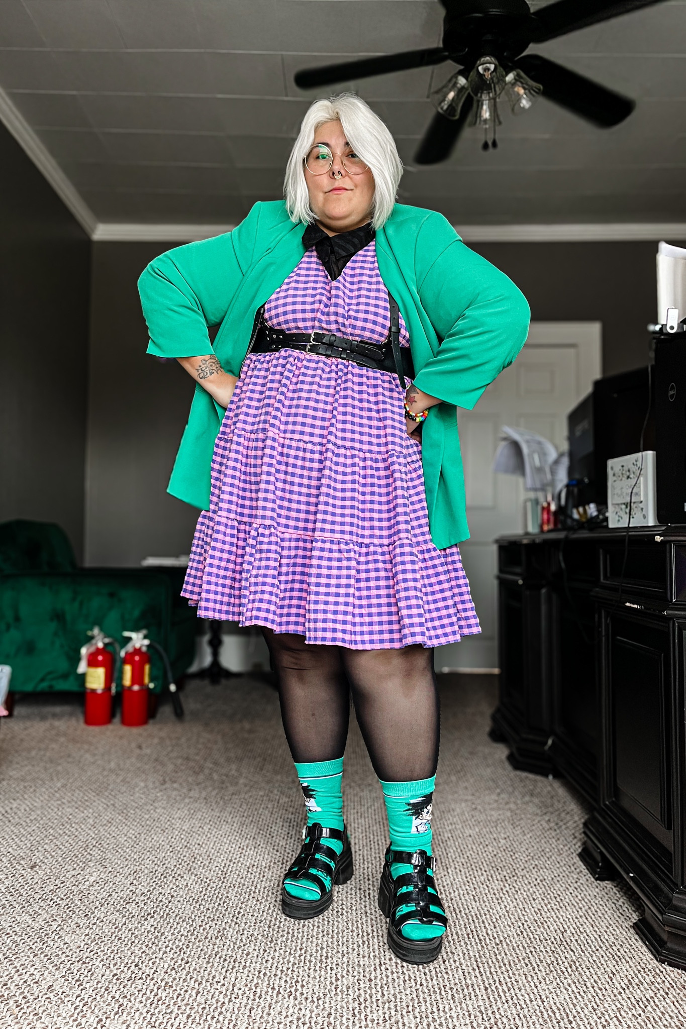 Plus Size OOTD 
Dress: BooHoo
Blazer: TJ Maxx 
Harness: Shein 
Tights: Shein
Socks: Hobby Lobby
Shoes: ASOS
Black Shirt: Cato

#LTKplussize #LTKmidsize #LTKstyletip