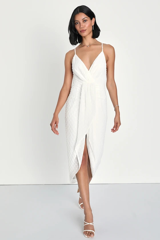 Stylish Invite White Swiss Dot Surplice Midi Tulip Dress | Lulus