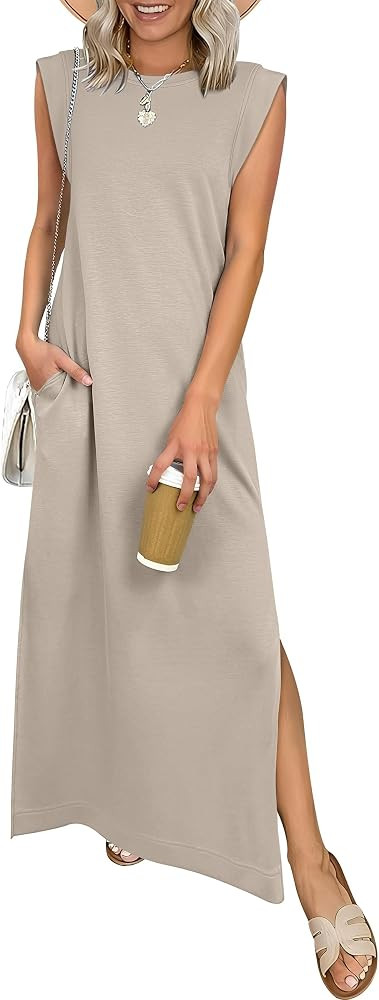 ANRABESS Women Summer Casual Sleeveless Maxi Dress 2026 Crewneck Loose Split Wrinkle-Free Beach T... | Amazon (US)