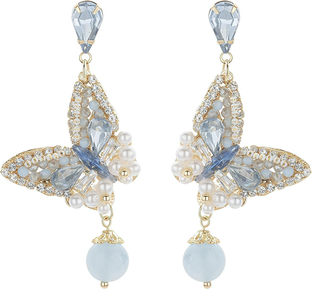 Dangle Flower Floral Blue Crystal Drop Earrings for Women, 14K Gold Plated, Hypoallergenic, Solid... | Amazon (US)