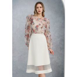 Organza Inserted A-Line Midi Skirt in Ivory | Chicwish