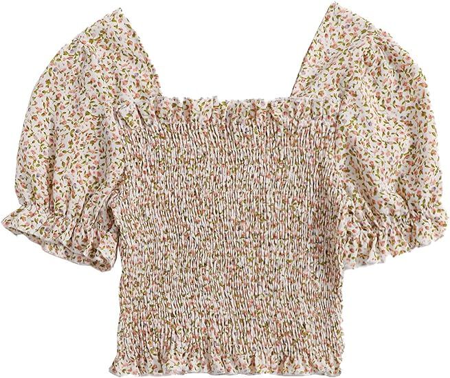 MakeMeChic Women's Ditsy Floral Shirred Square Neck Short Sleeve Blouse Crop Tops | Amazon (US)