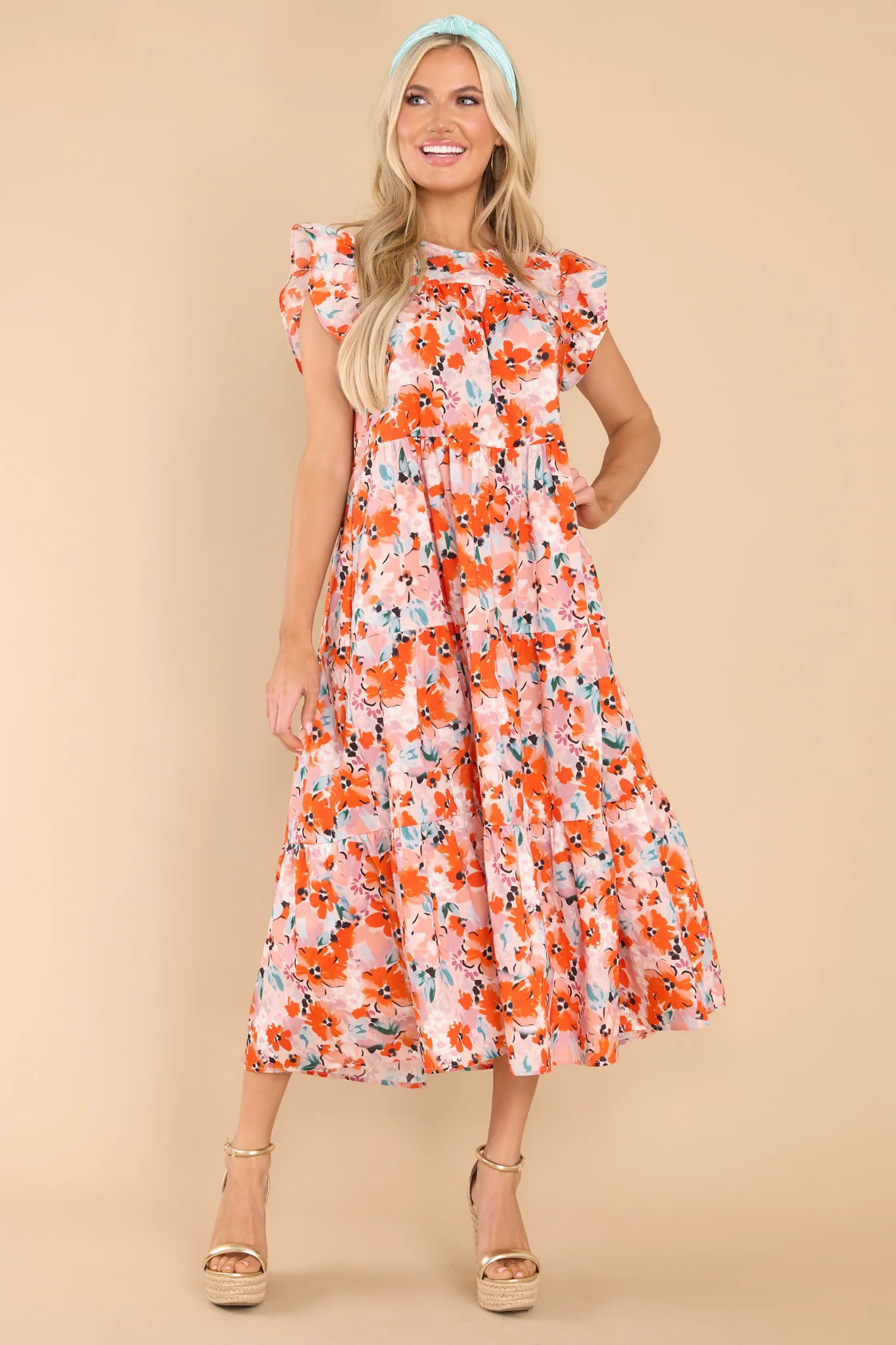 Down For It Orange Floral Print Midi Dress | Red Dress 