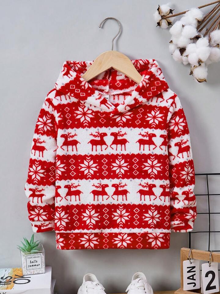 Young Boy Christmas Sweatshirt Cute Cartoon Snowflake & Deer Double-Sided Plush Cozy Sweatshirt F... | SHEIN