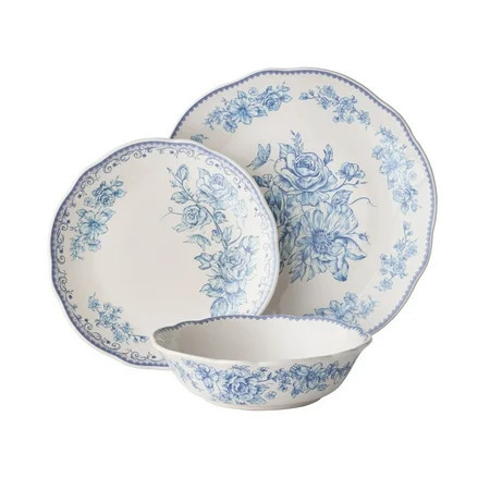 The Pioneer Woman Agatha 12-Piece Stoneware Dinnerware Set, Blue | Walmart (US)