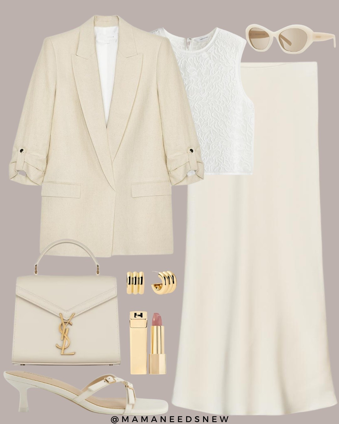A neutral spring outfit with rolled sleeve blazer, satin skirt, embroidered tank top, top handle bag & kitten heels 🤍

#LTKStyleTip #LTKItBag #LTKSaleAlert