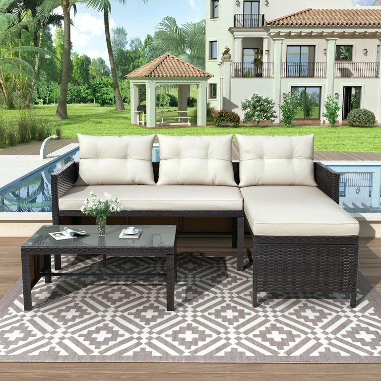 3 Pieces Patio Furniture Sectional Set, Outdoor Furniture Set with Two-Seater Sofa, Lounge Sofa, ... | Walmart (US)